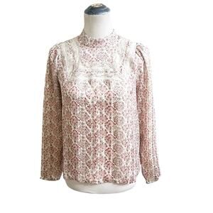Greylin High Neck Crochet Yoke Cottage Core Peasant Blouse NWT Size XS Pink